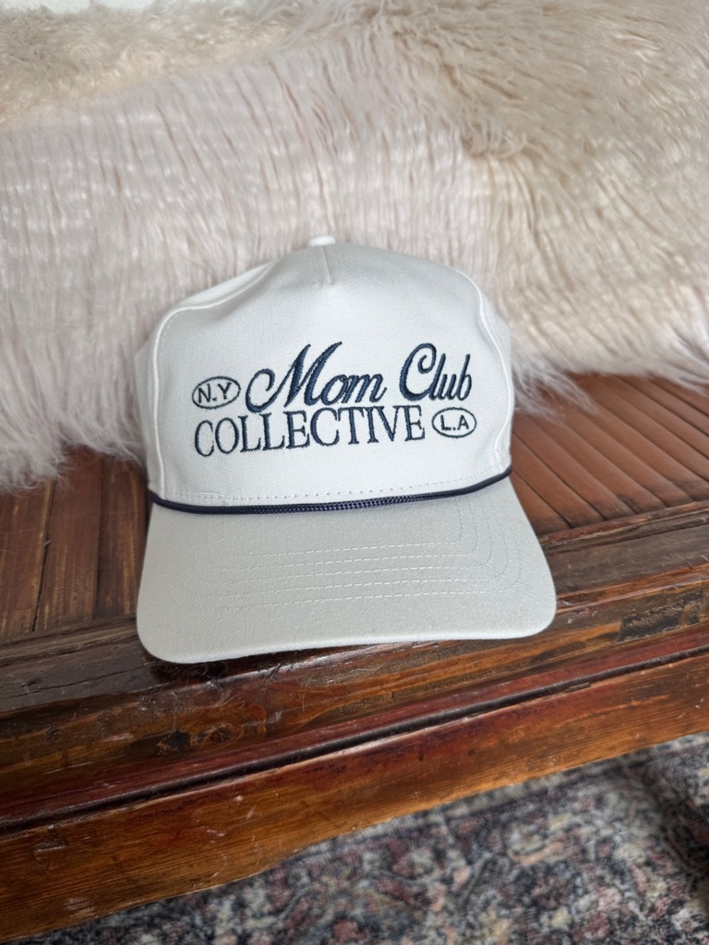 Anthropologie White "Mom Club Collective" Trucker Hat with Navy Script